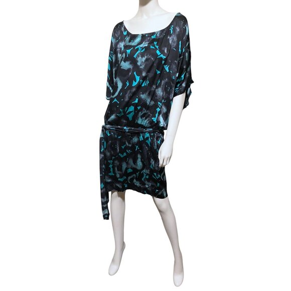 Y2K Express Silk Micro Mini Dress L Dolman Belt Stretch Grunge Glam Whimsygoth - Picture 2 of 13